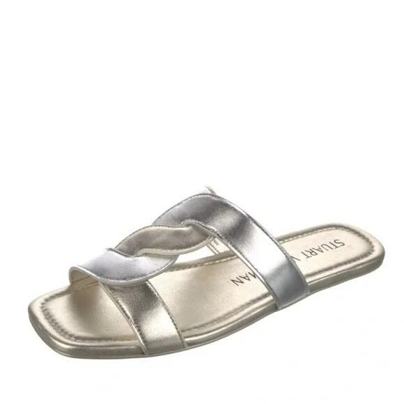 NEW Stuart Weitzman 7.5 Ibiza Woven-Strap Flat Slide Sandal Metallic Silver Gold - Picture 5 of 12